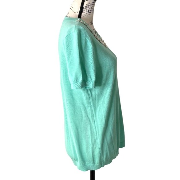 Kate Spade Short Sleeve Sweater Pearl Collar Embellish Knit Top Mint Green Sz L - Picture 2 of 7